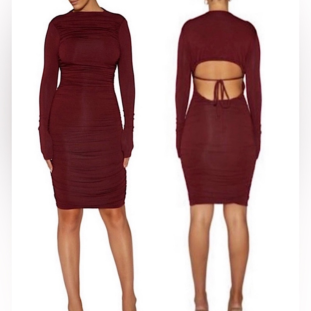 NEW Naked Wardrobe Back To The Ruched Long Sleeve Cutout Dress Wine Red M NWT